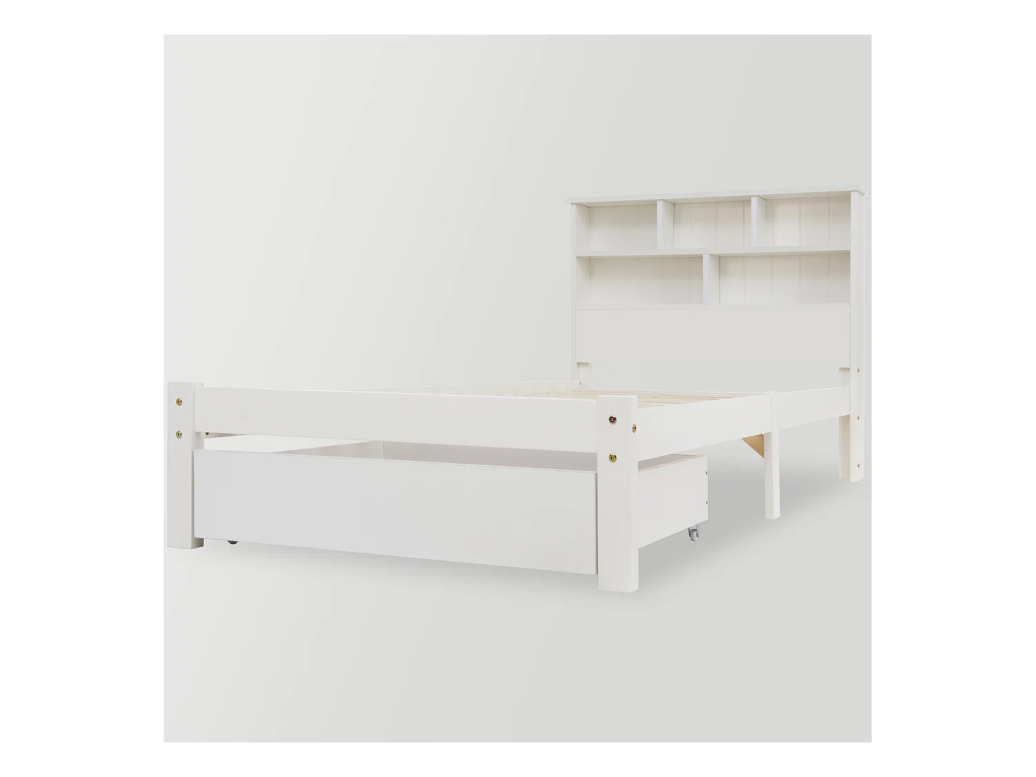 Lit en bois massif 90x200 cm avec tête de lit bibliothèque et tiroirs, idéal pour enfants et adultes, design moderne, blanc