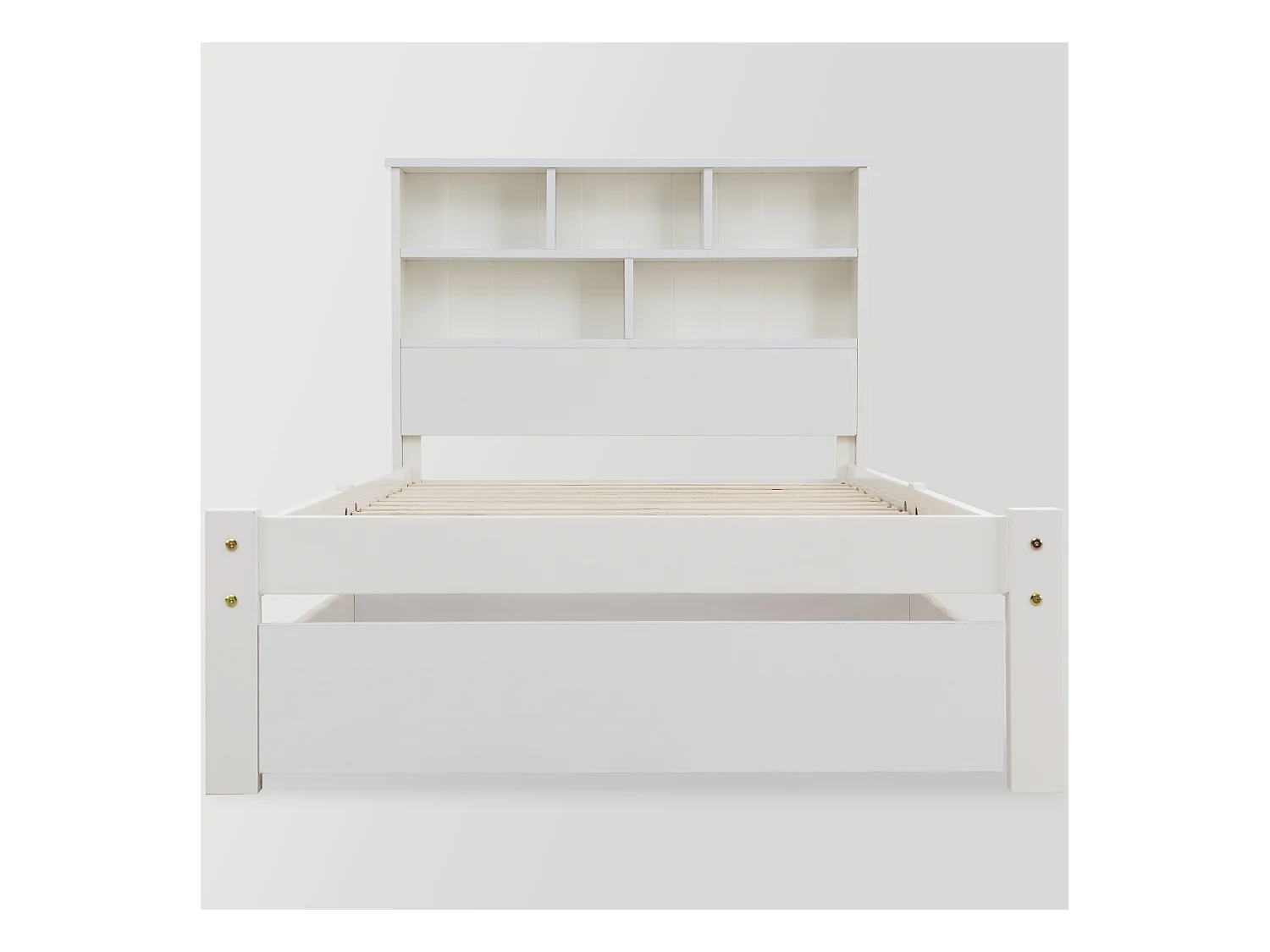 Lit en bois massif 90x200 cm avec tête de lit bibliothèque et tiroirs, idéal pour enfants et adultes, design moderne, blanc