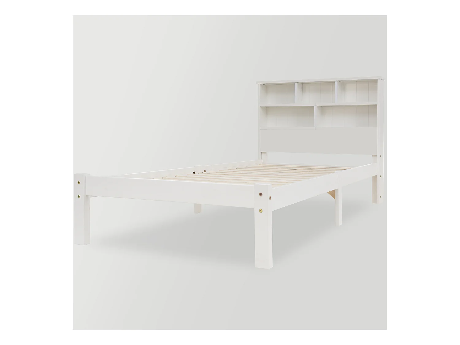 Lit en bois massif 90x200 cm avec tête de lit bibliothèque et tiroirs, idéal pour enfants et adultes, design moderne, blanc