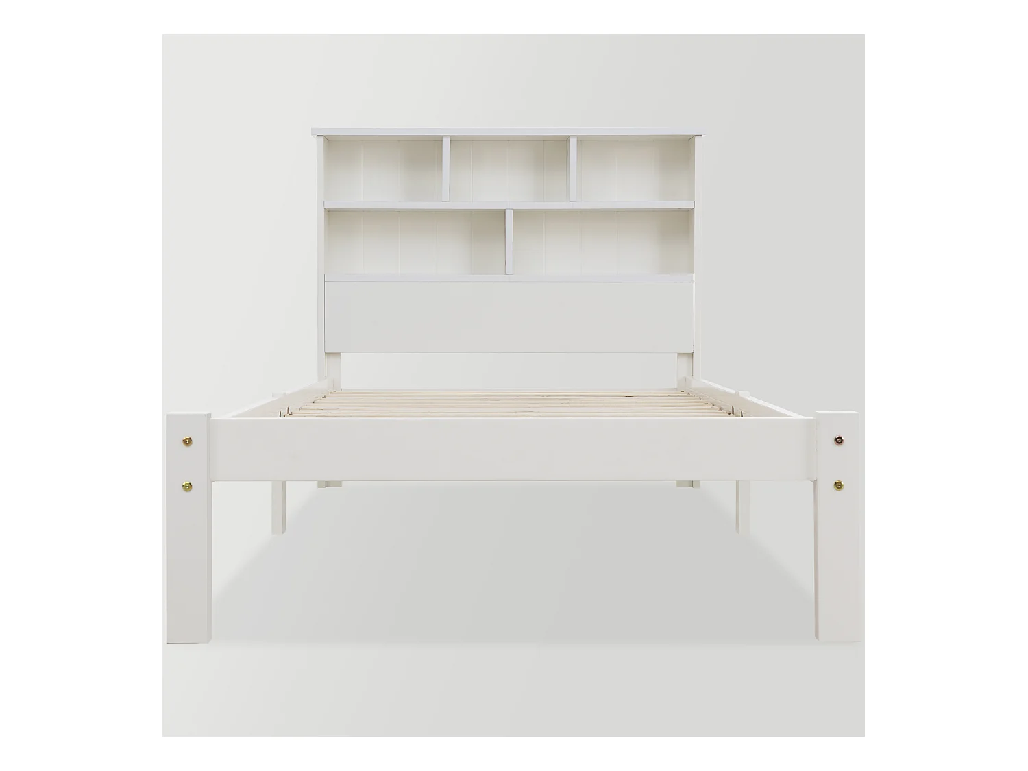 Lit en bois massif 90x200 cm avec tête de lit bibliothèque et tiroirs, idéal pour enfants et adultes, design moderne, blanc