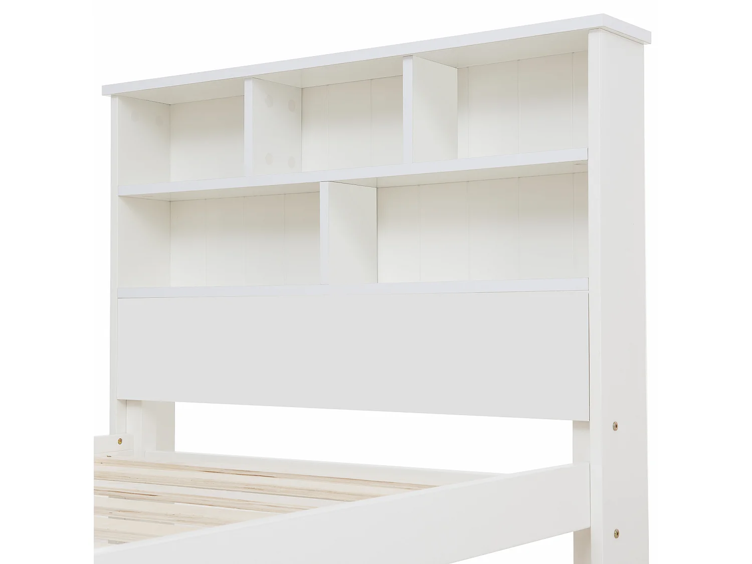 Lit en bois massif 90x200 cm avec tête de lit bibliothèque et tiroirs, idéal pour enfants et adultes, design moderne, blanc