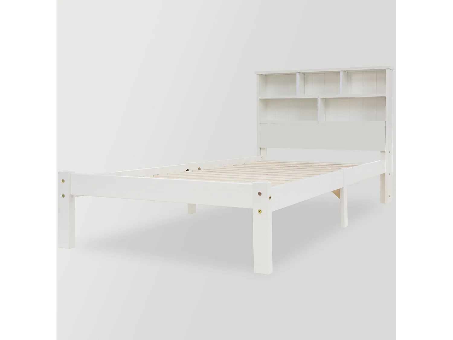 Lit en bois massif 90x200 cm avec tête de lit bibliothèque et tiroirs, idéal pour enfants et adultes, design moderne, blanc