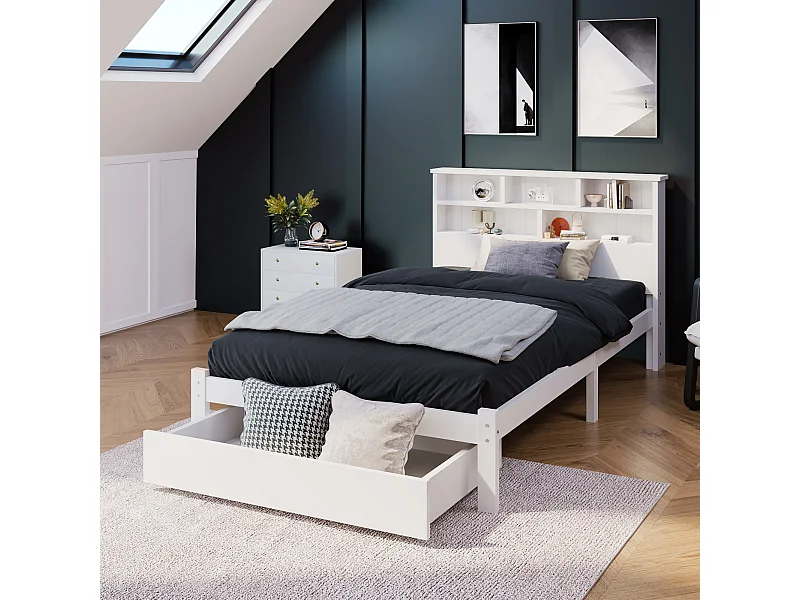 Massief houten bed 90x200 cm met boekenkast hoofdeinde en lades, ideaal voor kinderen en volwassenen, modern design, wit
