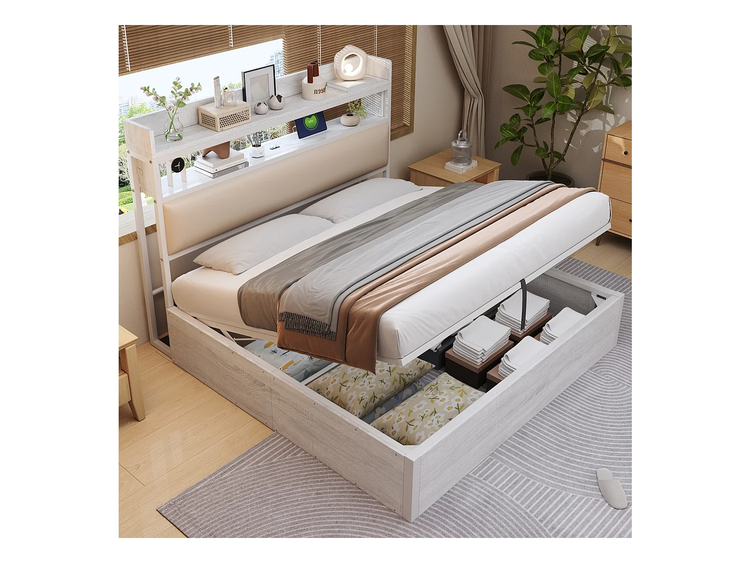 Bed 180x200 cm met hydraulische opbergruimte, LED- en USB-aansluiting, hoofdeinde met planken, vintage hout- en metaaldesign (218,5x184x112 cm)