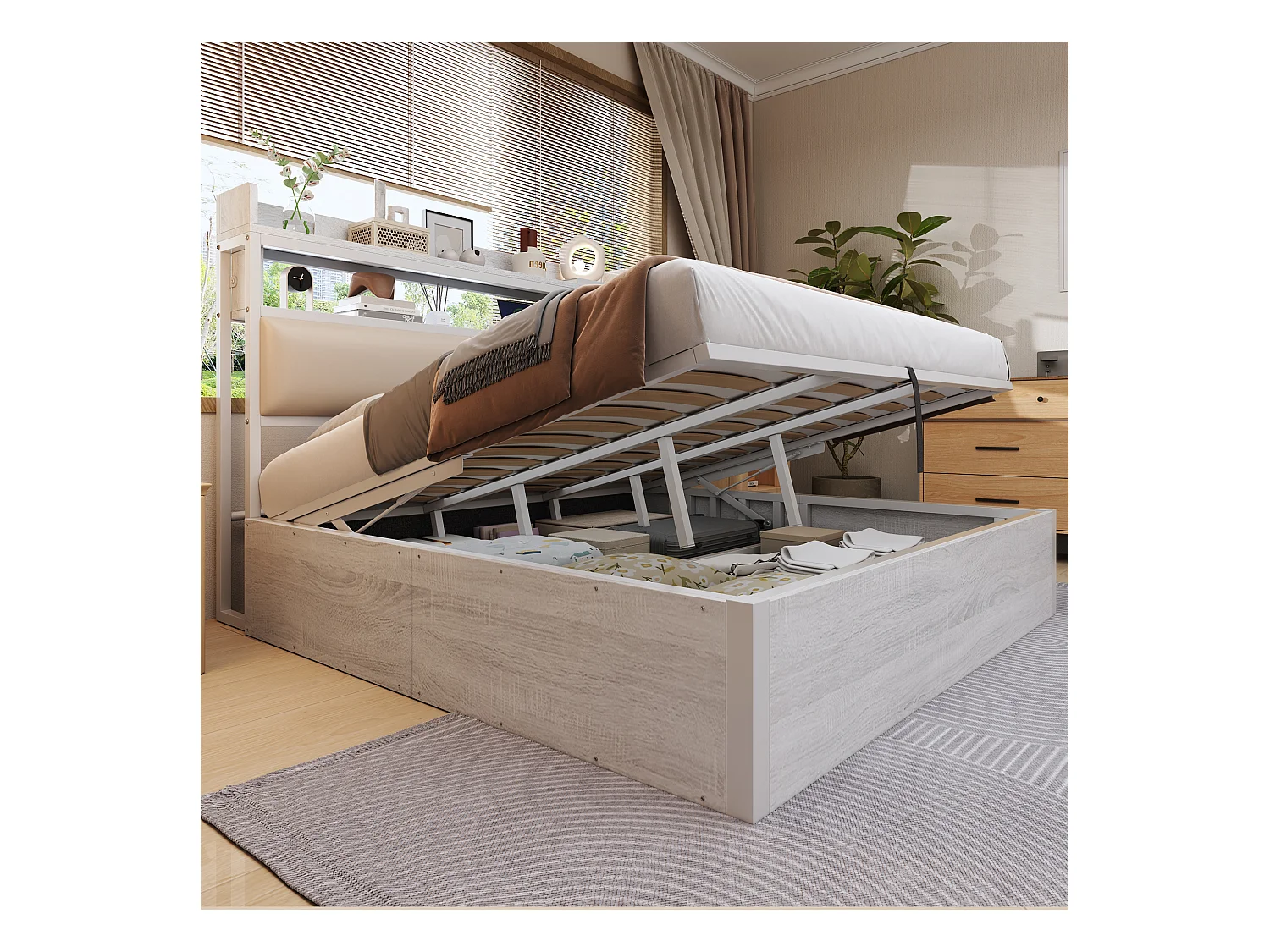 Bed 180x200 cm met hydraulische opbergruimte, LED- en USB-aansluiting, hoofdeinde met planken, vintage hout- en metaaldesign (218,5x184x112 cm)