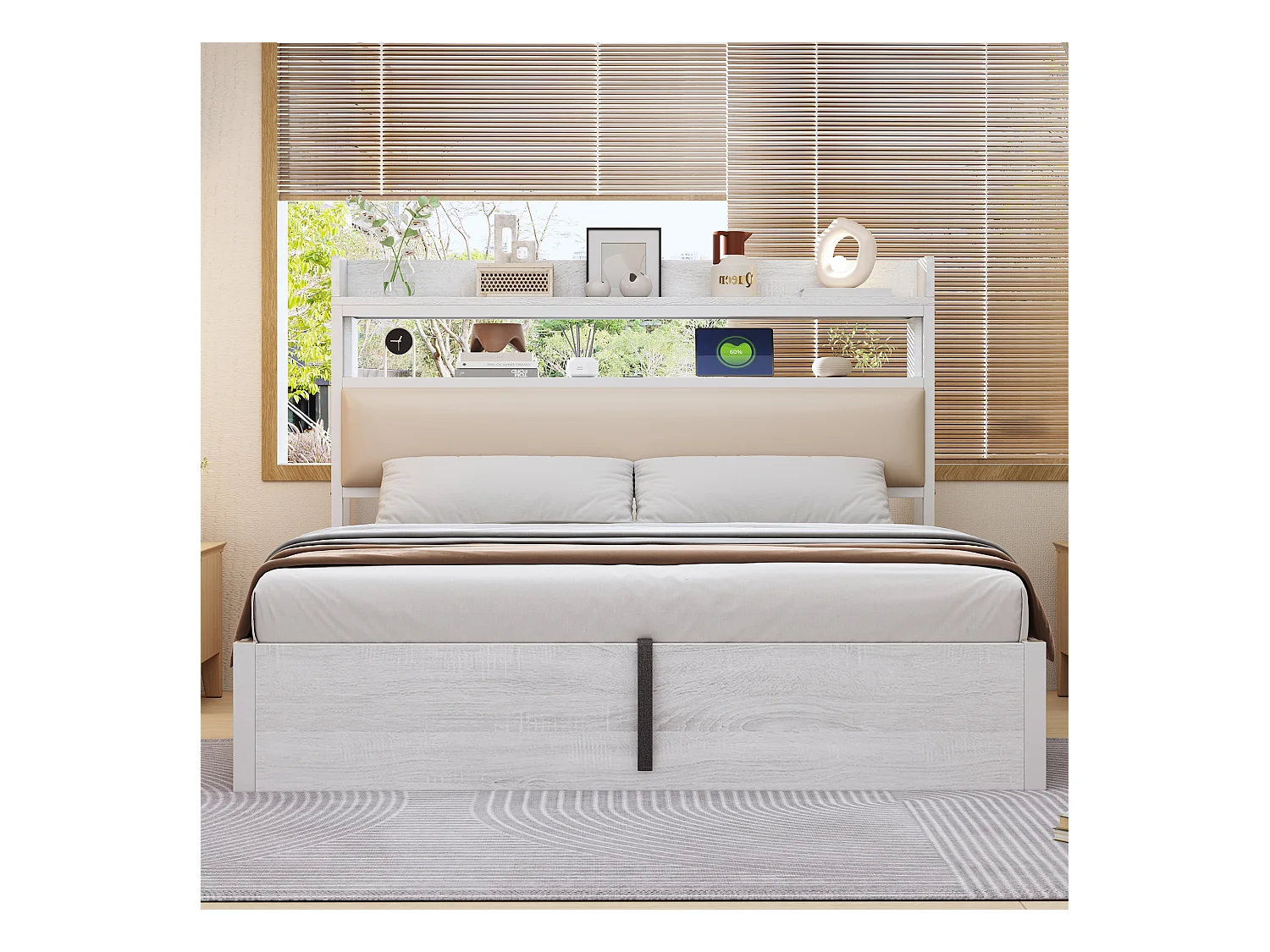 Bed 180x200 cm met hydraulische opbergruimte, LED- en USB-aansluiting, hoofdeinde met planken, vintage hout- en metaaldesign (218,5x184x112 cm)