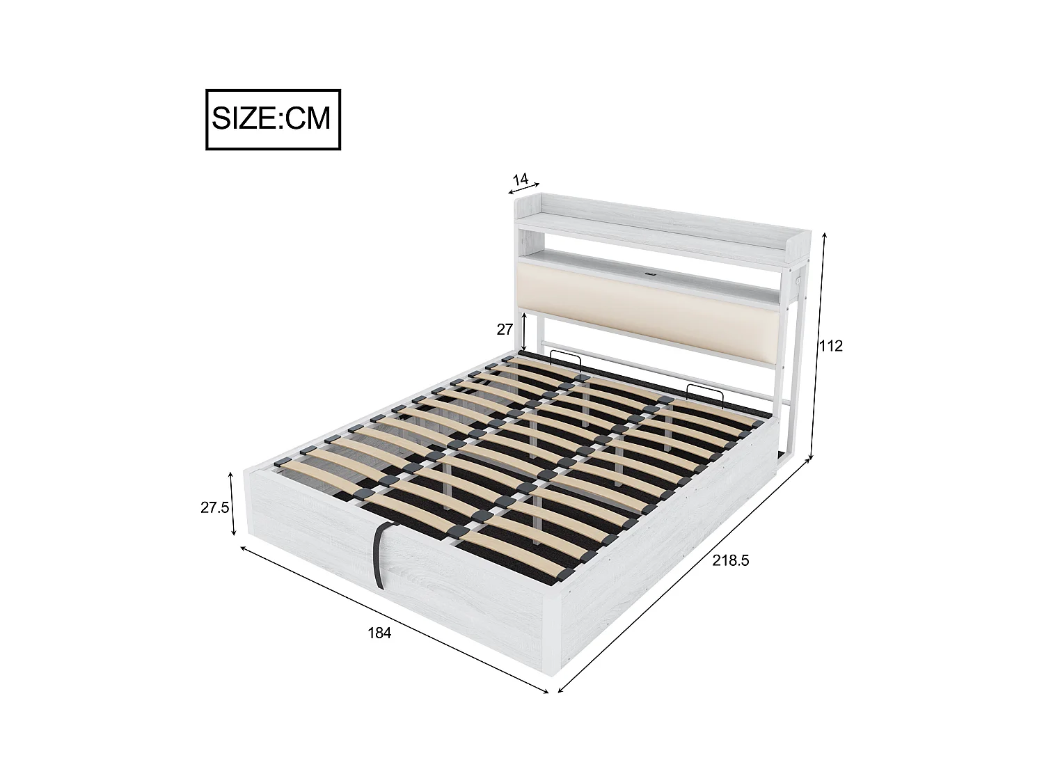 Bed 180x200 cm met hydraulische opbergruimte, LED- en USB-aansluiting, hoofdeinde met planken, vintage hout- en metaaldesign (218,5x184x112 cm)