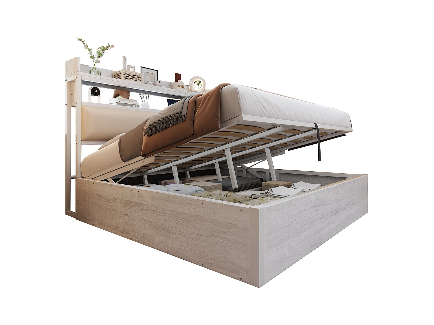 Bed 180x200 cm met hydraulische opbergruimte, LED- en USB-aansluiting, hoofdeinde met planken, vintage hout- en metaaldesign (218,5x184x112 cm)