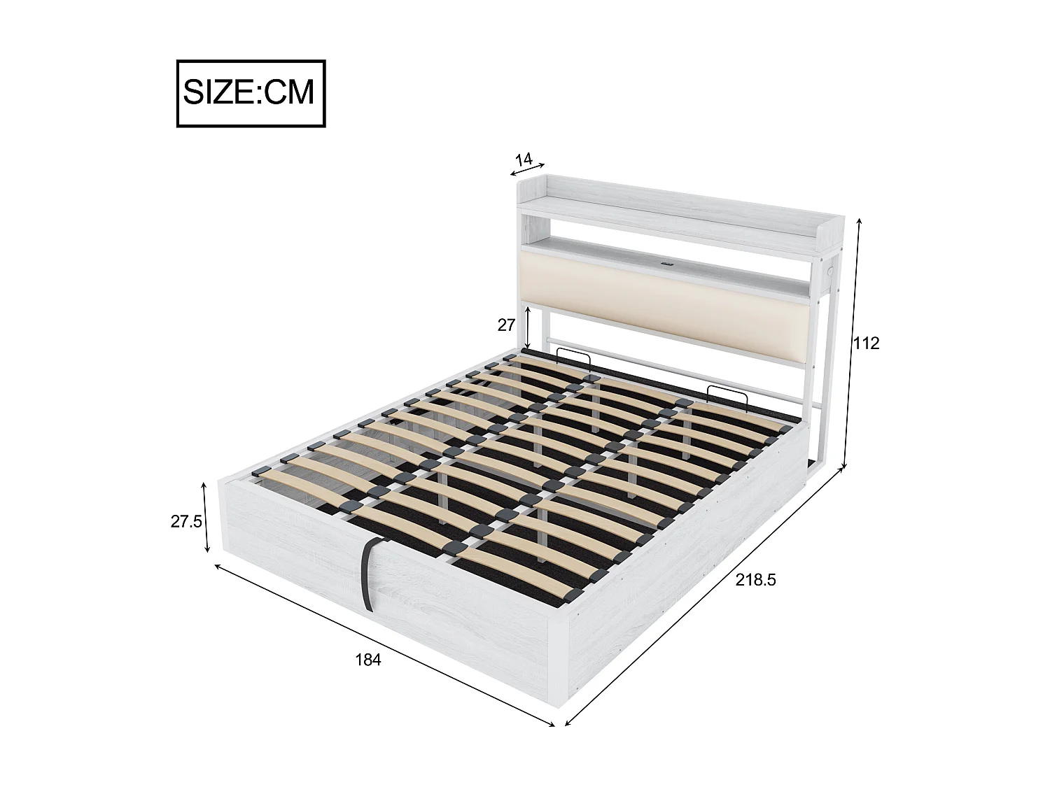 Lit 180x200 cm avec rangement hydraulique, LED et prise USB, tête de lit avec étagères, design vintage bois et métal (218.5x184x112 cm)