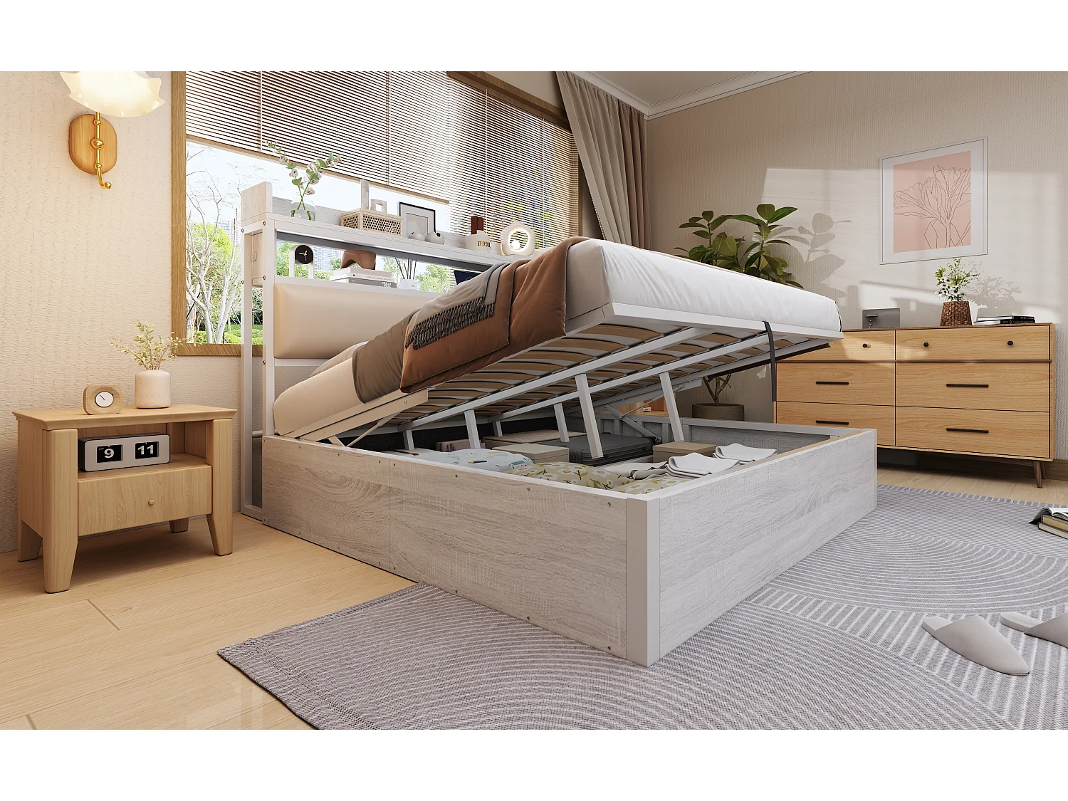 Lit 180x200 cm avec rangement hydraulique, LED et prise USB, tête de lit avec étagères, design vintage bois et métal (218.5x184x112 cm)