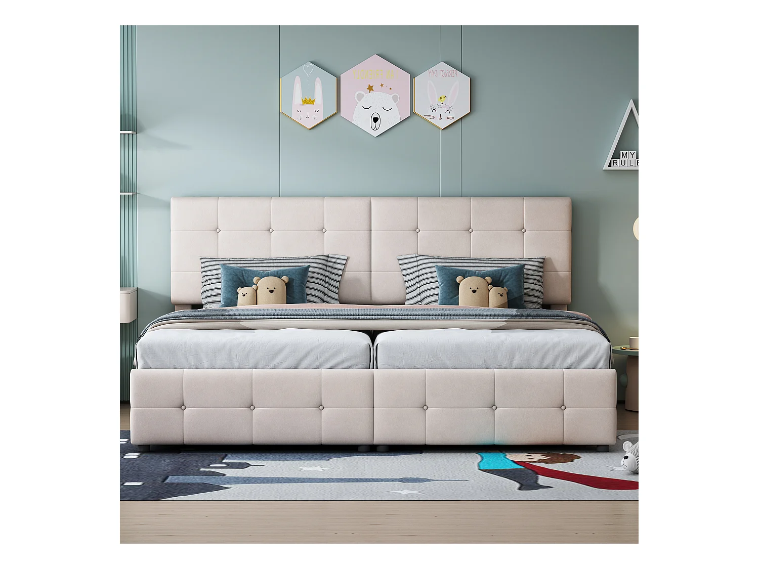 Letto 180x200 cm con contenitore idraulico, Letto multifunzionale in velluto, Beige (203x180x105 cm)