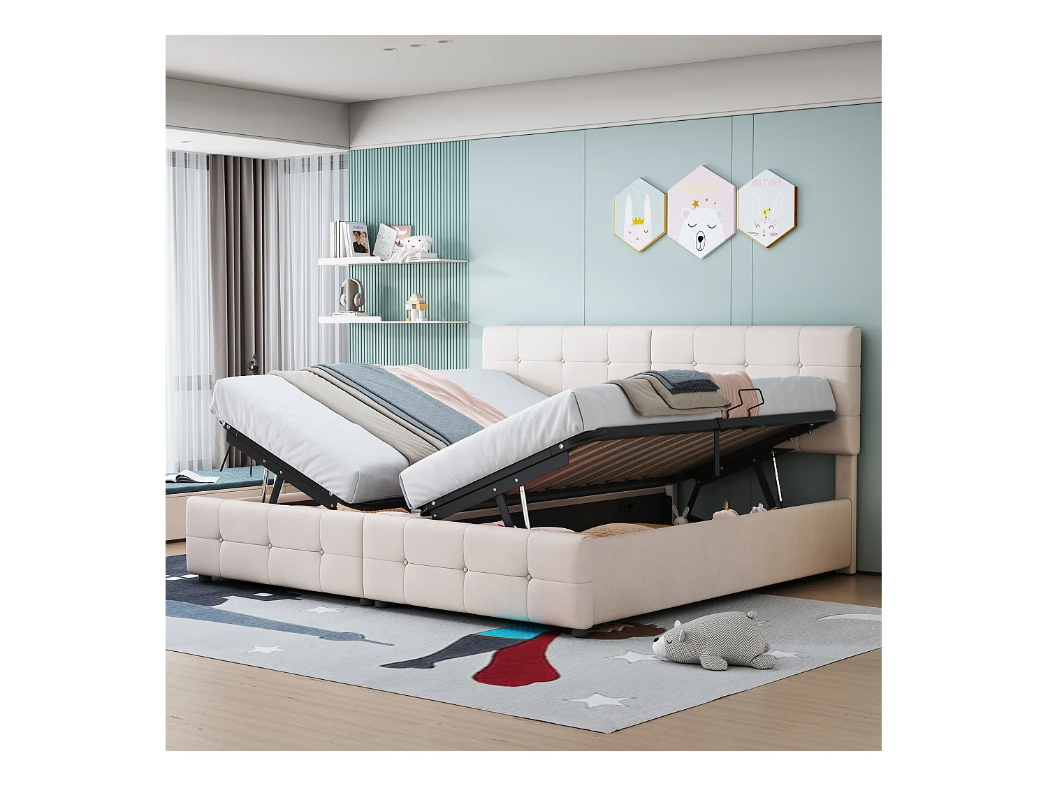 Letto 180x200 cm con contenitore idraulico, Letto multifunzionale in velluto, Beige (203x180x105 cm)