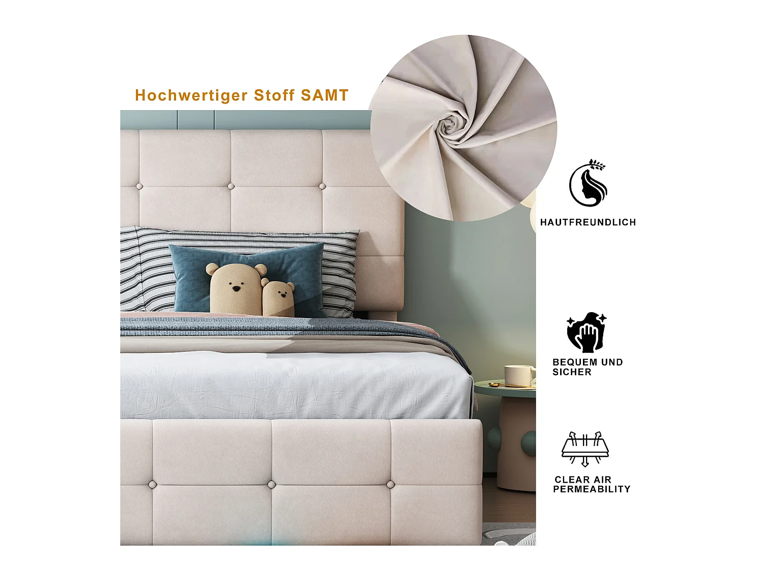 Letto 180x200 cm con contenitore idraulico, Letto multifunzionale in velluto, Beige (203x180x105 cm)