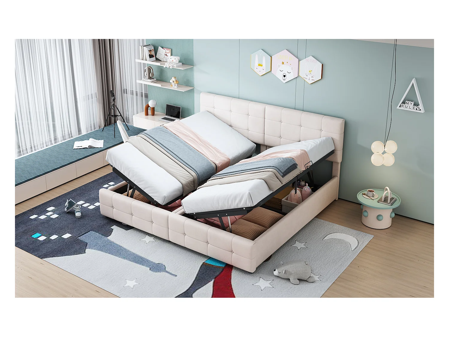 Letto 180x200 cm con contenitore idraulico, Letto multifunzionale in velluto, Beige (203x180x105 cm)