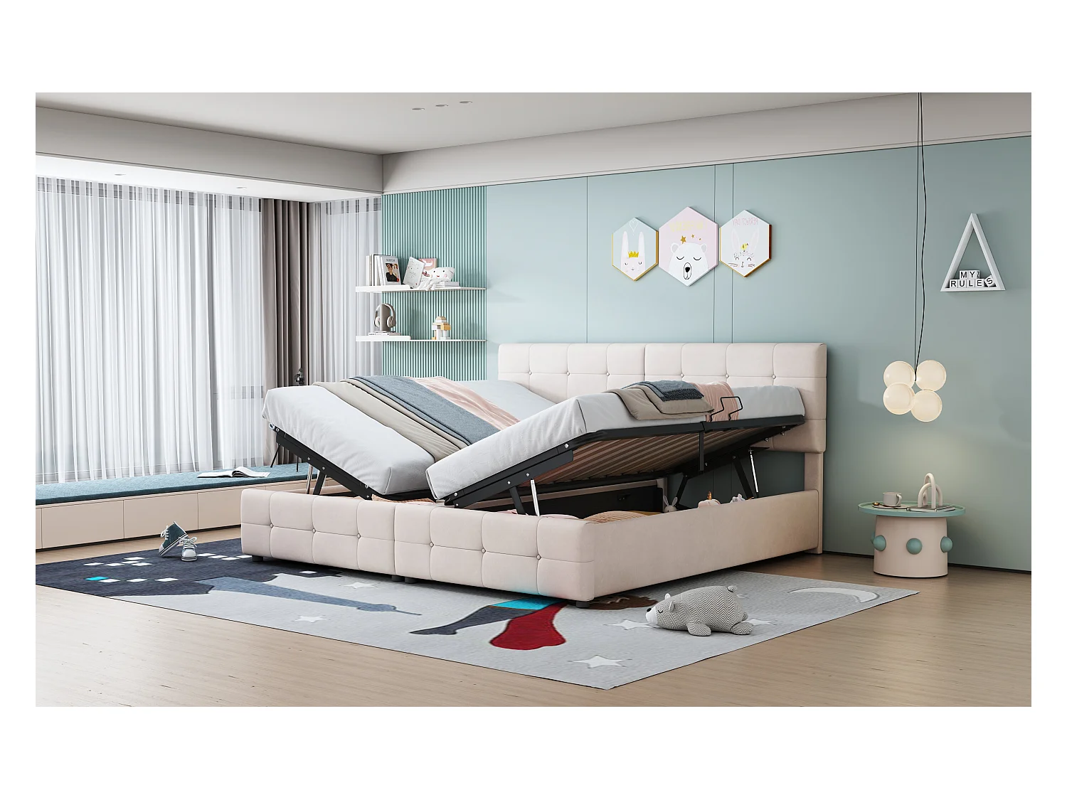 Letto 180x200 cm con contenitore idraulico, Letto multifunzionale in velluto, Beige (203x180x105 cm)