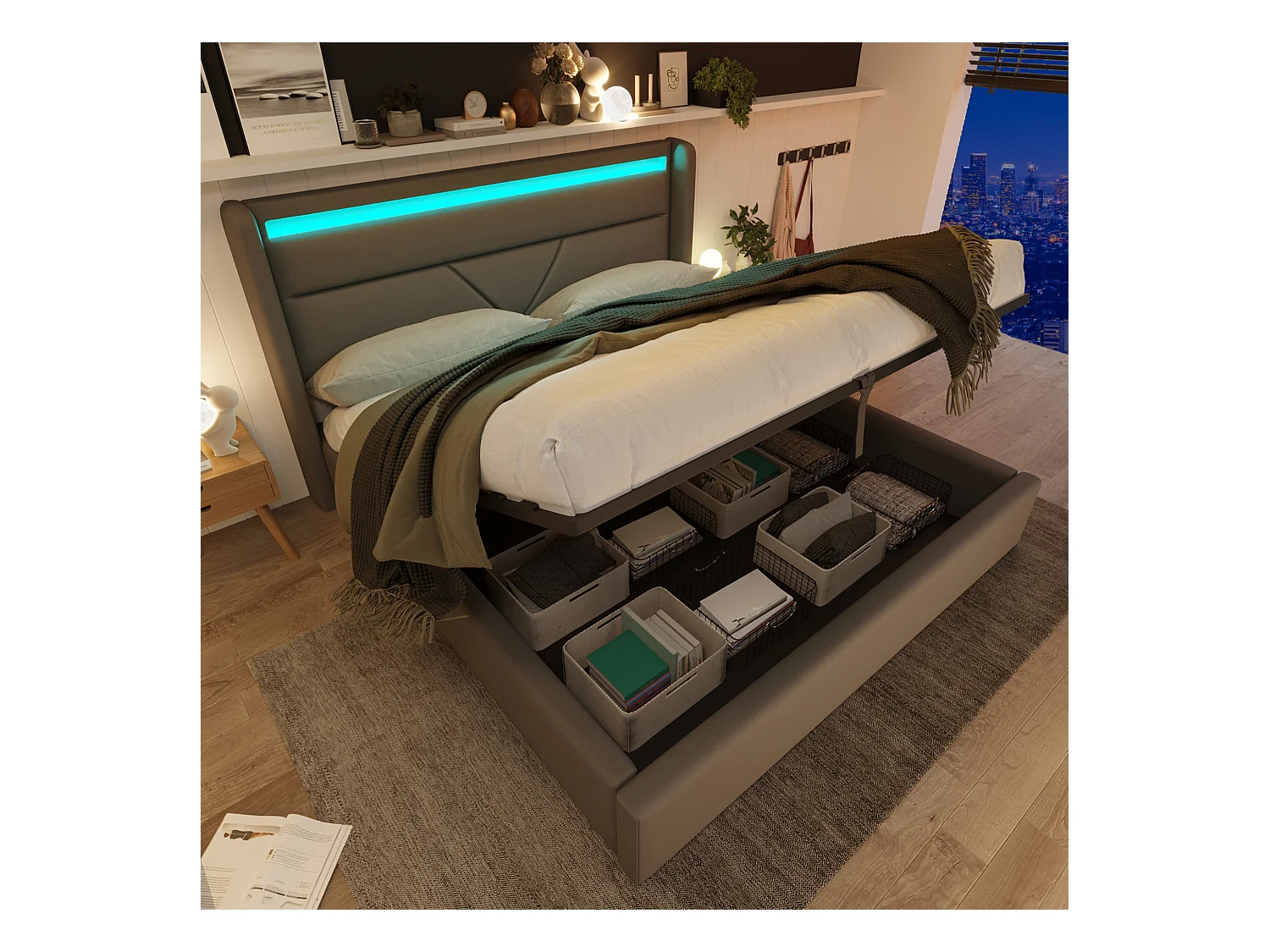 Lit double hydraulique avec rangement et éclairage LED, PU, gris (202x166x107.5cm)