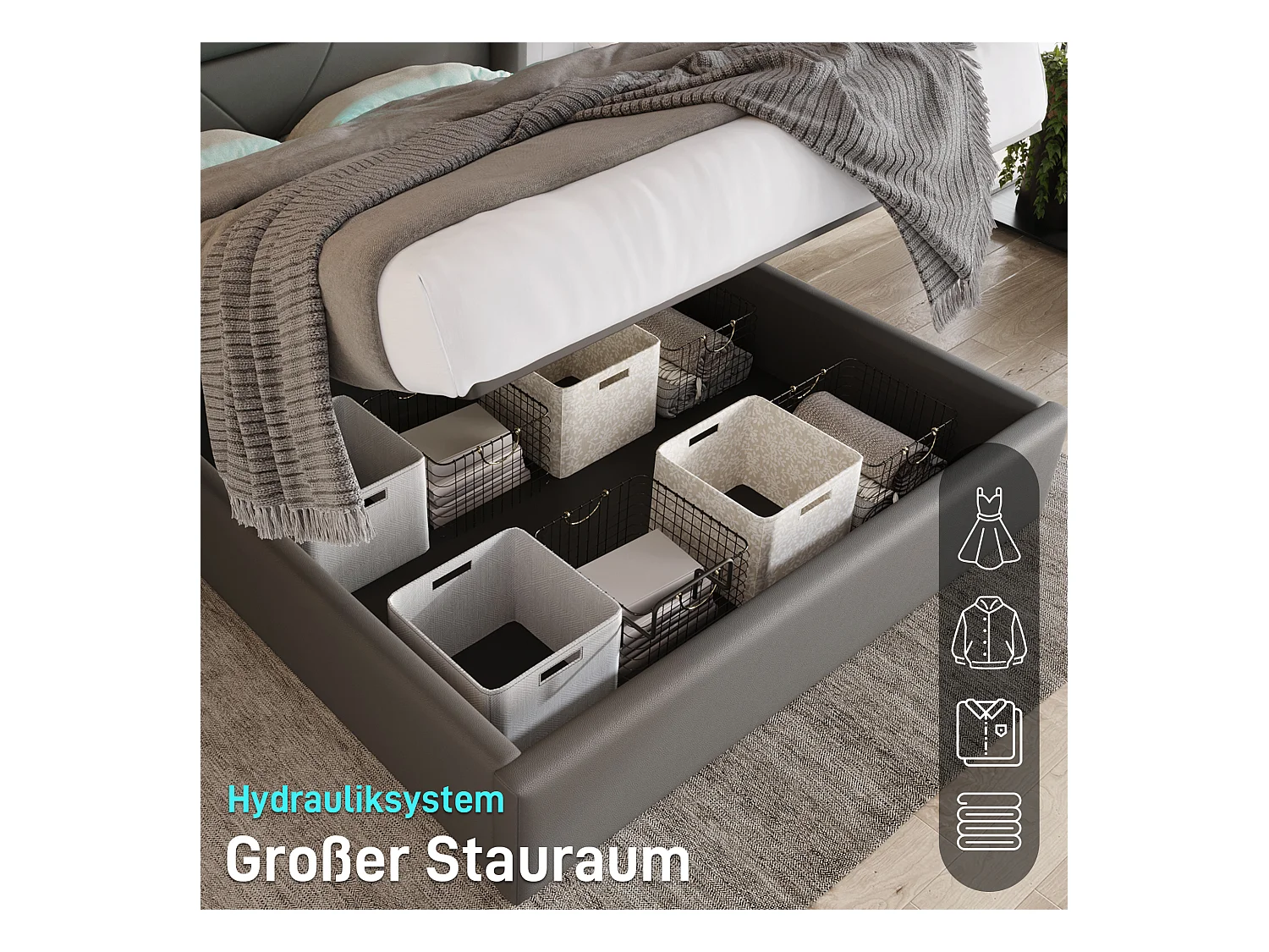 Lit double hydraulique avec rangement et éclairage LED, PU, gris (202x166x107.5cm)