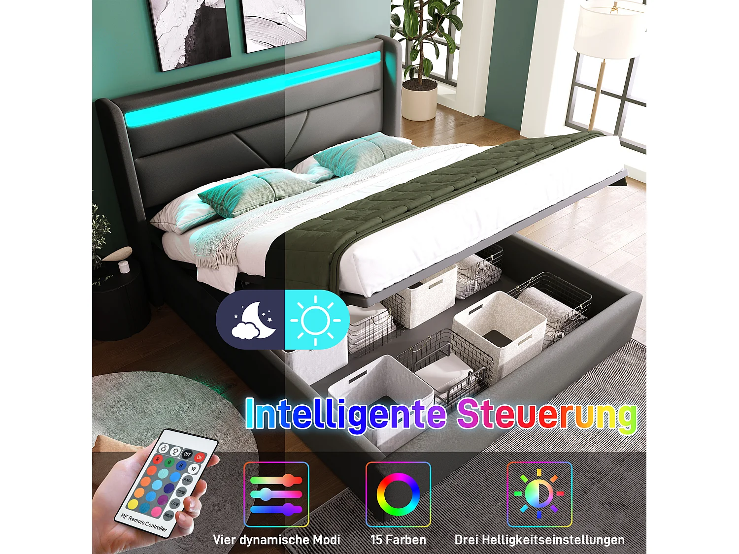 Lit double hydraulique avec rangement et éclairage LED, PU, gris (202x166x107.5cm)