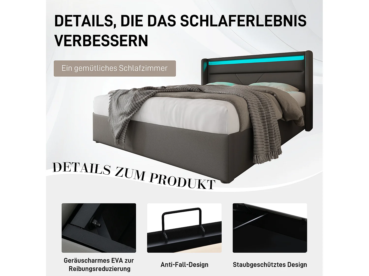 Lit double hydraulique avec rangement et éclairage LED, PU, gris (202x166x107.5cm)