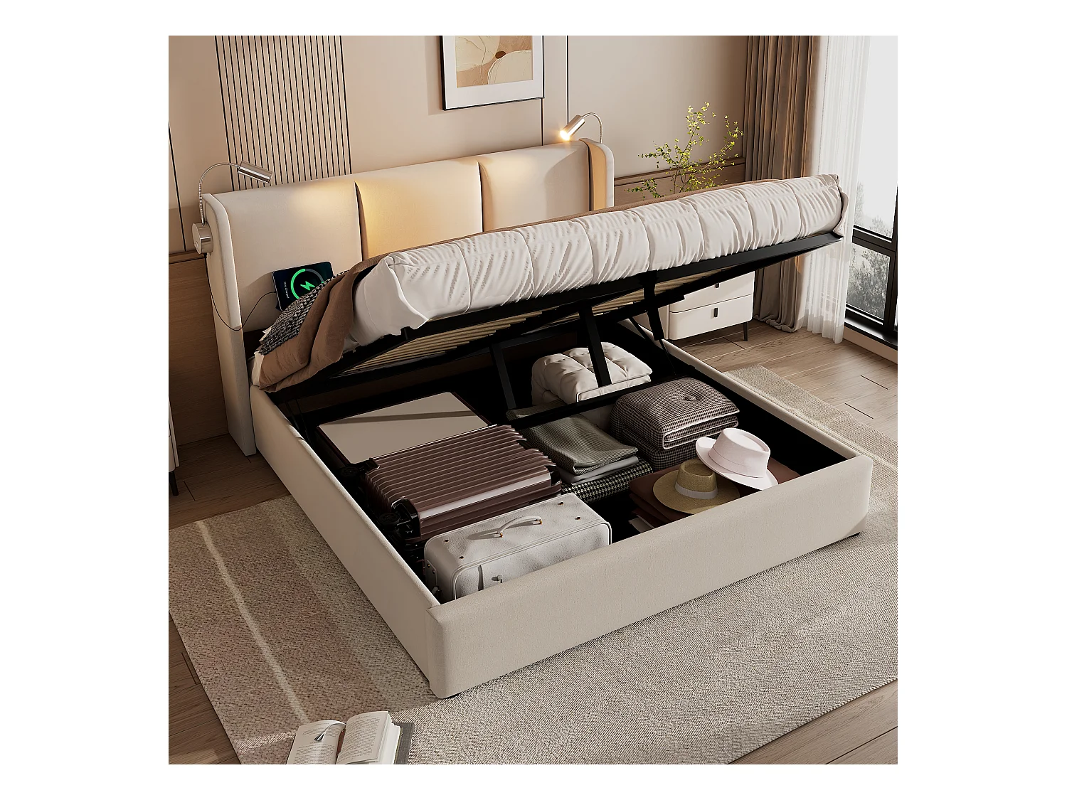 Tweepersoonsbed met opbergruimte, leeslampje en USB-oplaadfunctie, beige linnen (206x165x107cm)