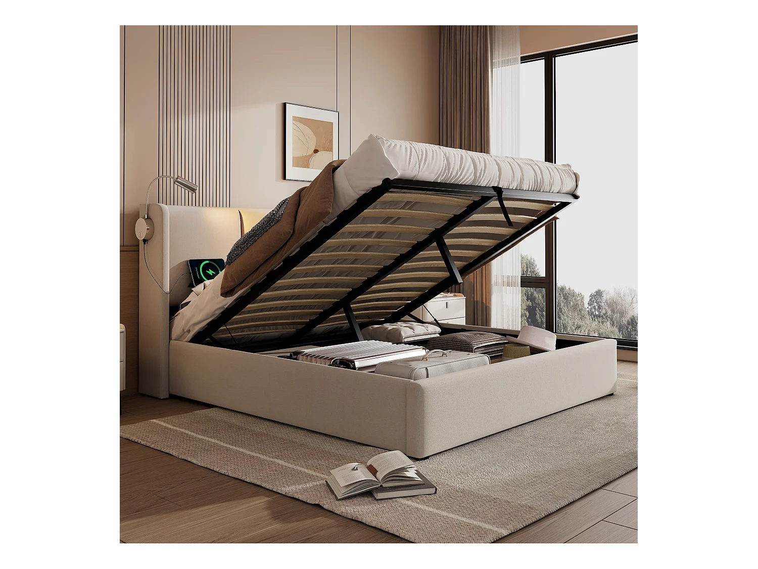 Tweepersoonsbed met opbergruimte, leeslampje en USB-oplaadfunctie, beige linnen (206x165x107cm)