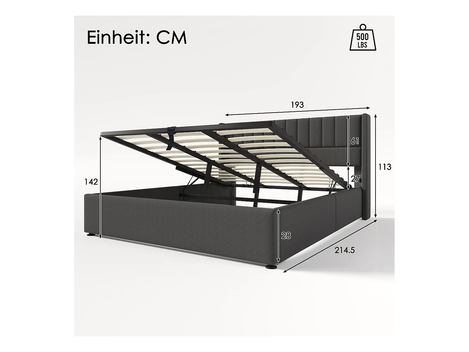 Lit double avec rangement hydraulique, tissu lin, gris, sommier métallique (214.5x193x113cm)