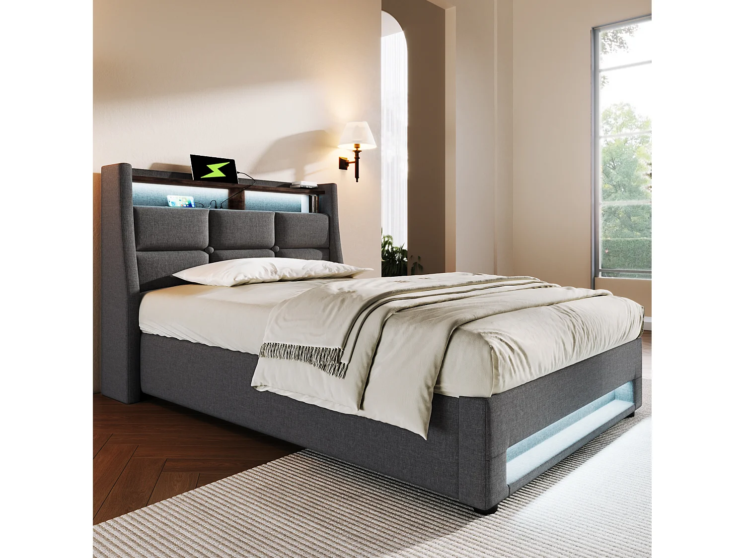 Eenpersoonsbed met LED-verlichting en USB-aansluiting, grijs linnen frame, vintage metalen onderstel (95x210x117cm)