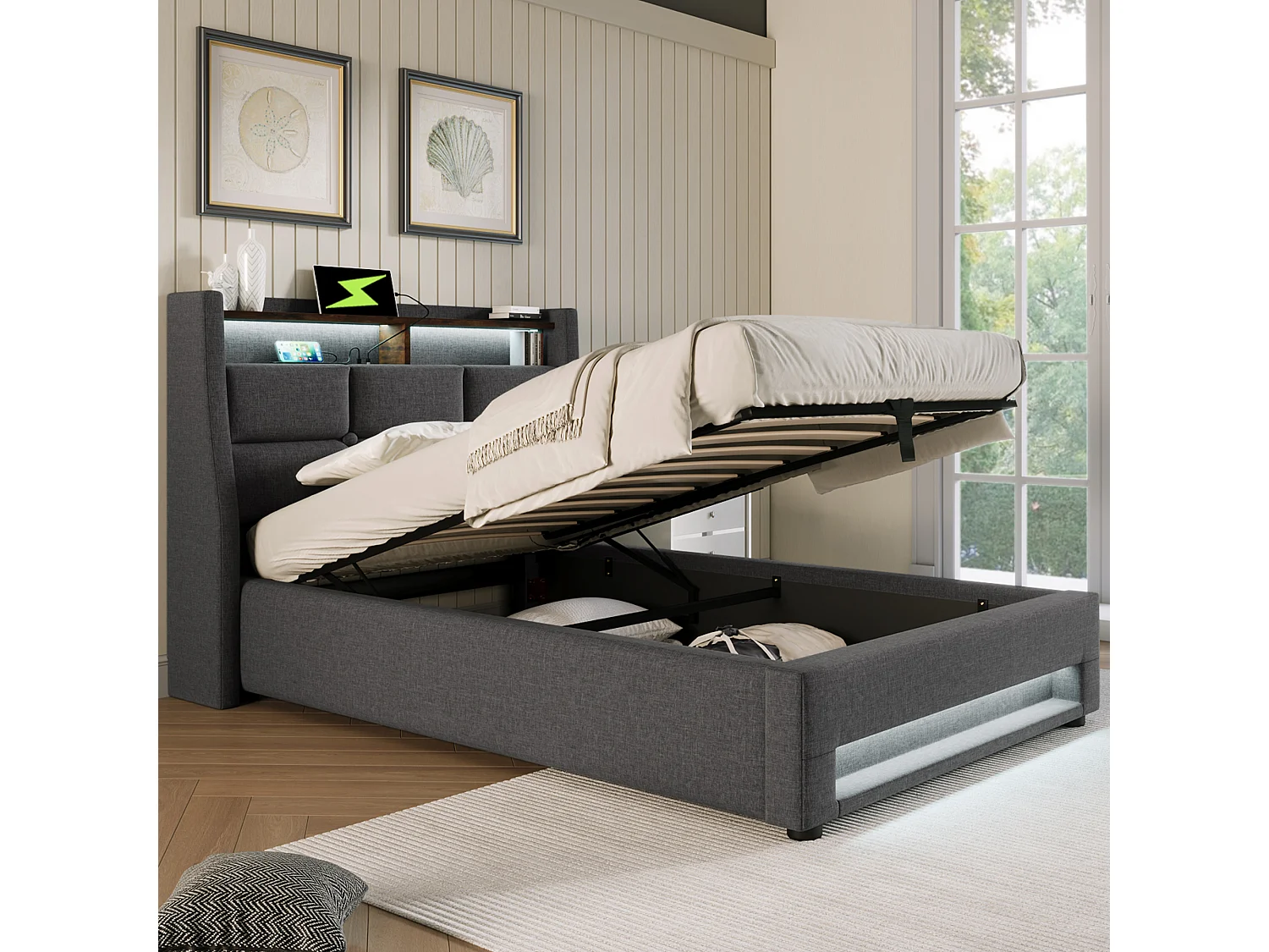 Eenpersoonsbed met LED-verlichting en USB-aansluiting, grijs linnen frame, vintage metalen onderstel (95x210x117cm)