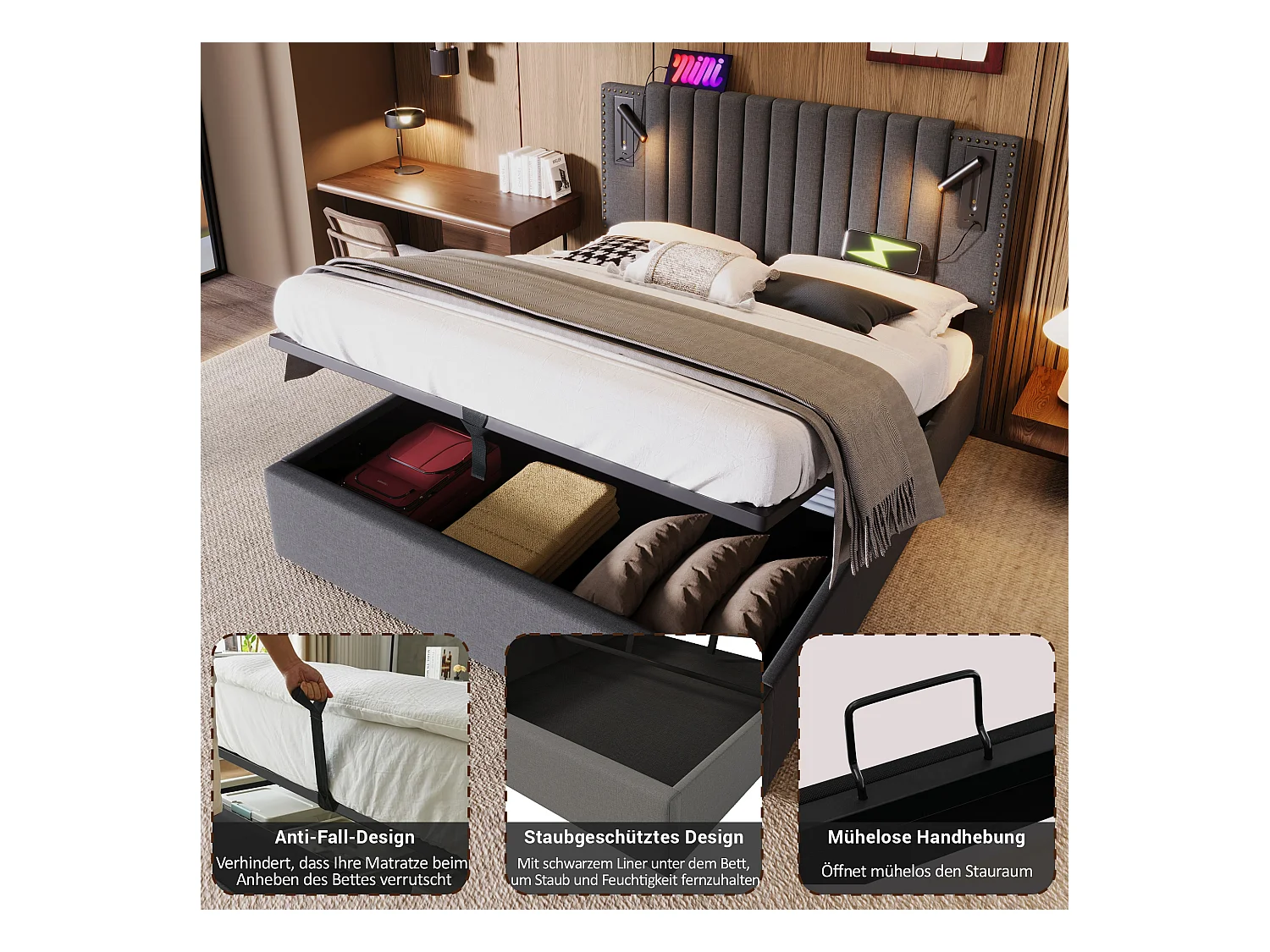 Lit double 140x200 avec rangement sous le lit, tête de lit avec éclairage LED et ports USB, coton gris (203x167x106 cm)