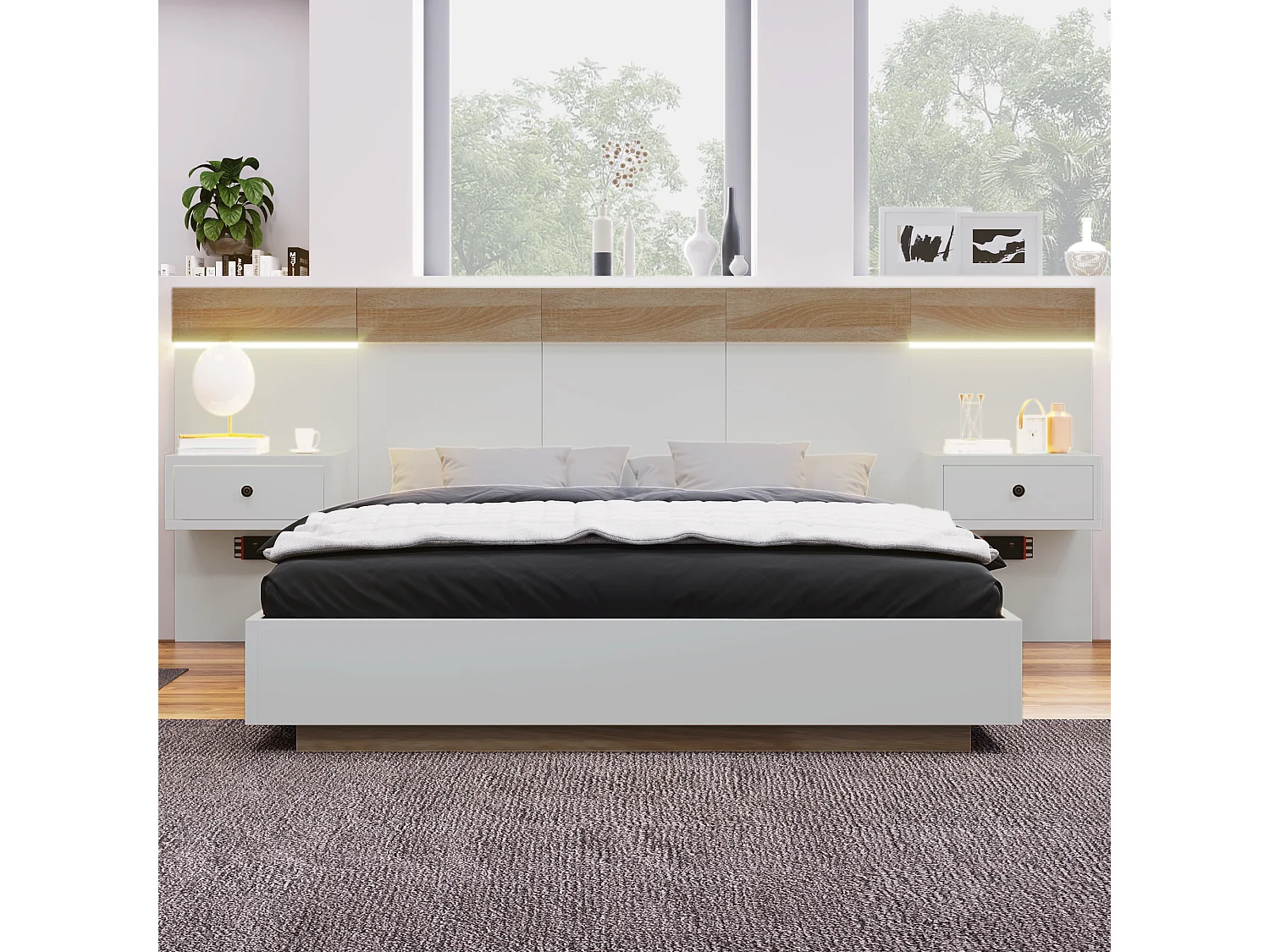 Cama doble con 2 mesitas de noche LED, toma USB C integrada, madera, roble Sonoma y blanco (205x264x90,5cm)