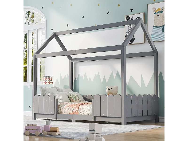 Kinderhoogslaper met valbeveiliging, massief hout, grijs (206x96x175cm)