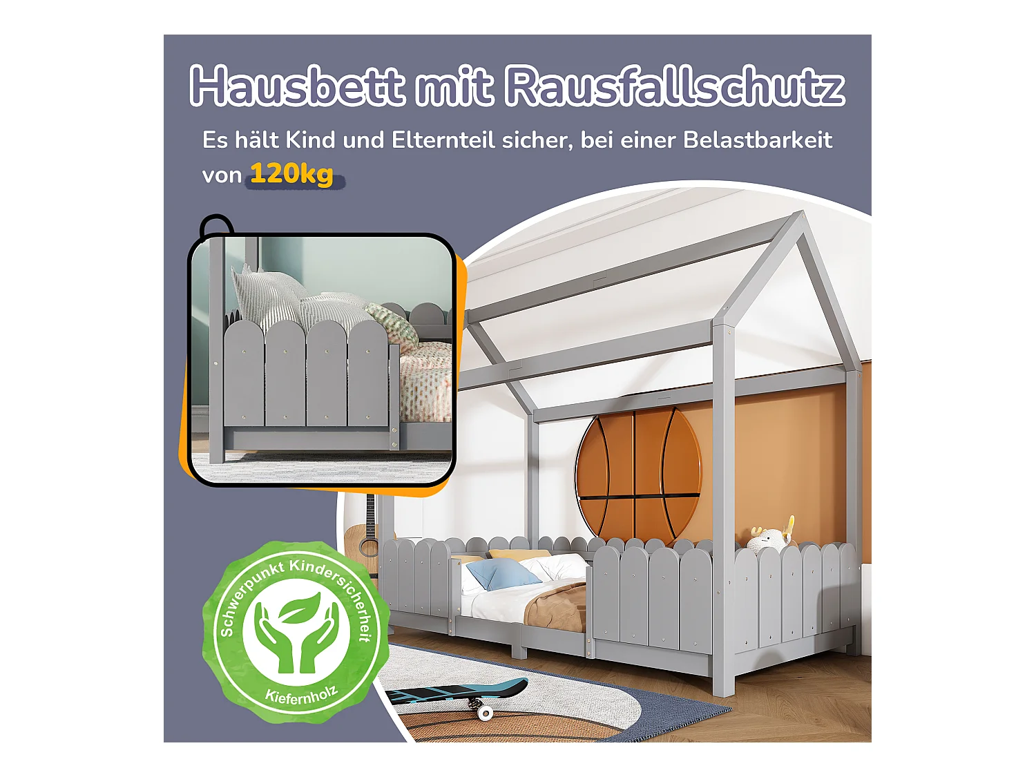 Lit cabane enfant avec protection anti-chute, bois massif, gris (206x96x175cm)