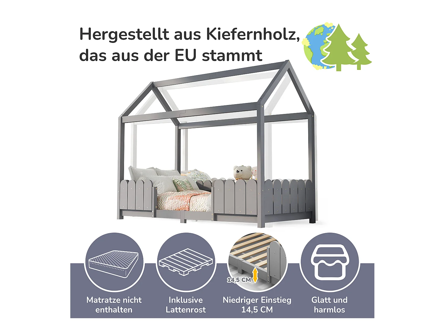 Lit cabane enfant avec protection anti-chute, bois massif, gris (206x96x175cm)