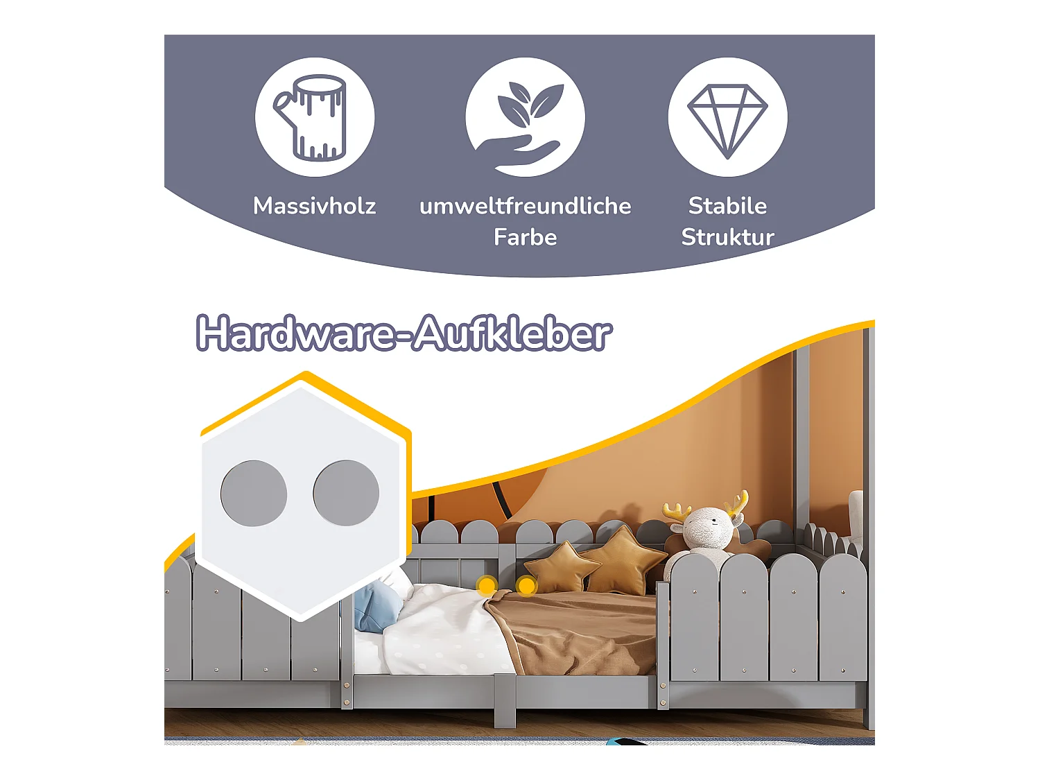 Lit cabane enfant avec protection anti-chute, bois massif, gris (206x96x175cm)