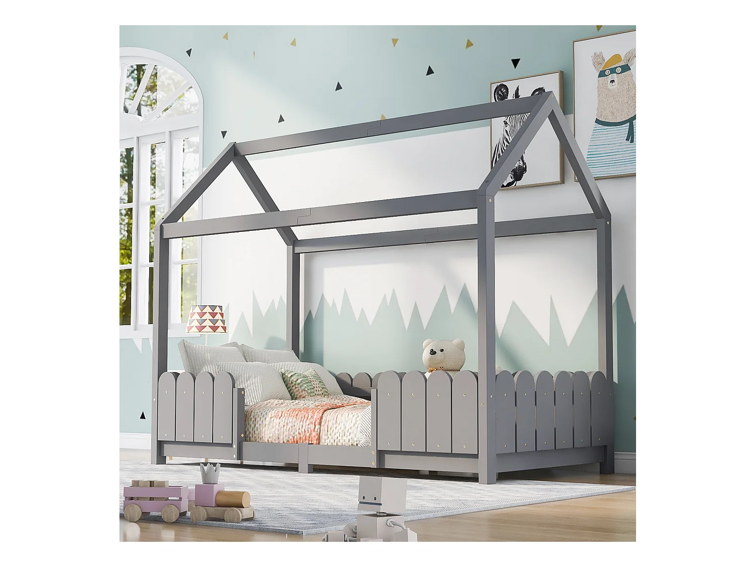 Letto a soppalco per bambini con protezione anticaduta, in legno massello, grigio (206x96x175cm)