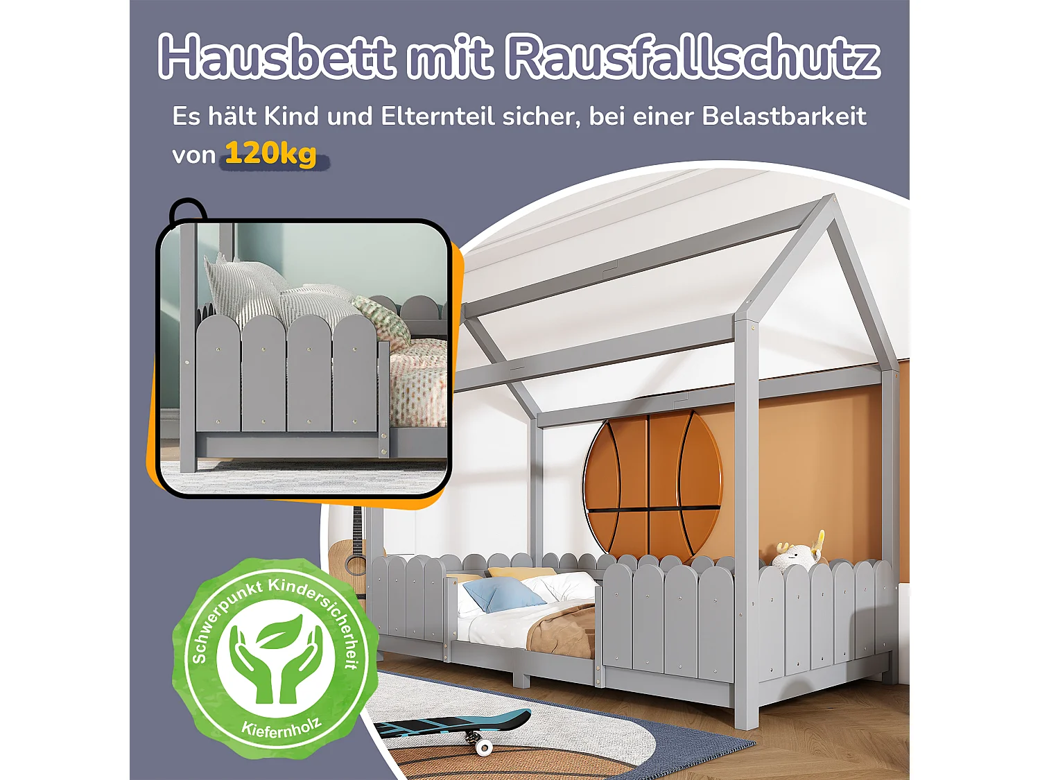 Lit cabane enfant avec protection anti-chute, bois massif, gris (206x96x175cm)