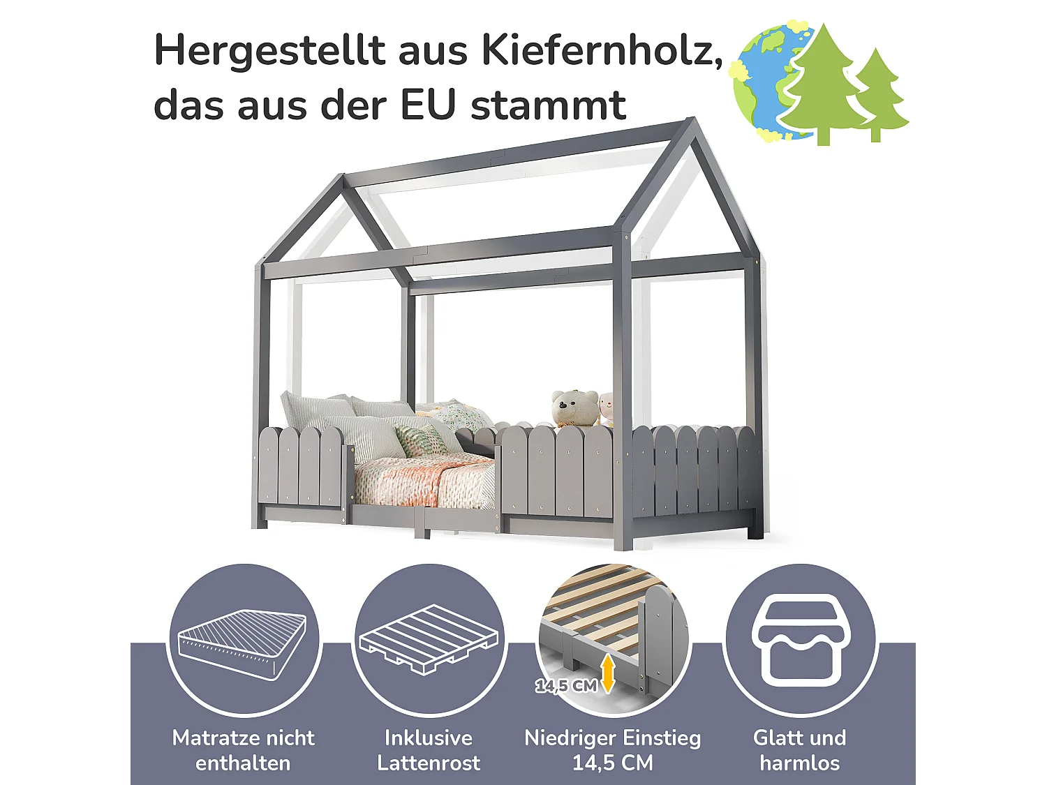 Lit cabane enfant avec protection anti-chute, bois massif, gris (206x96x175cm)