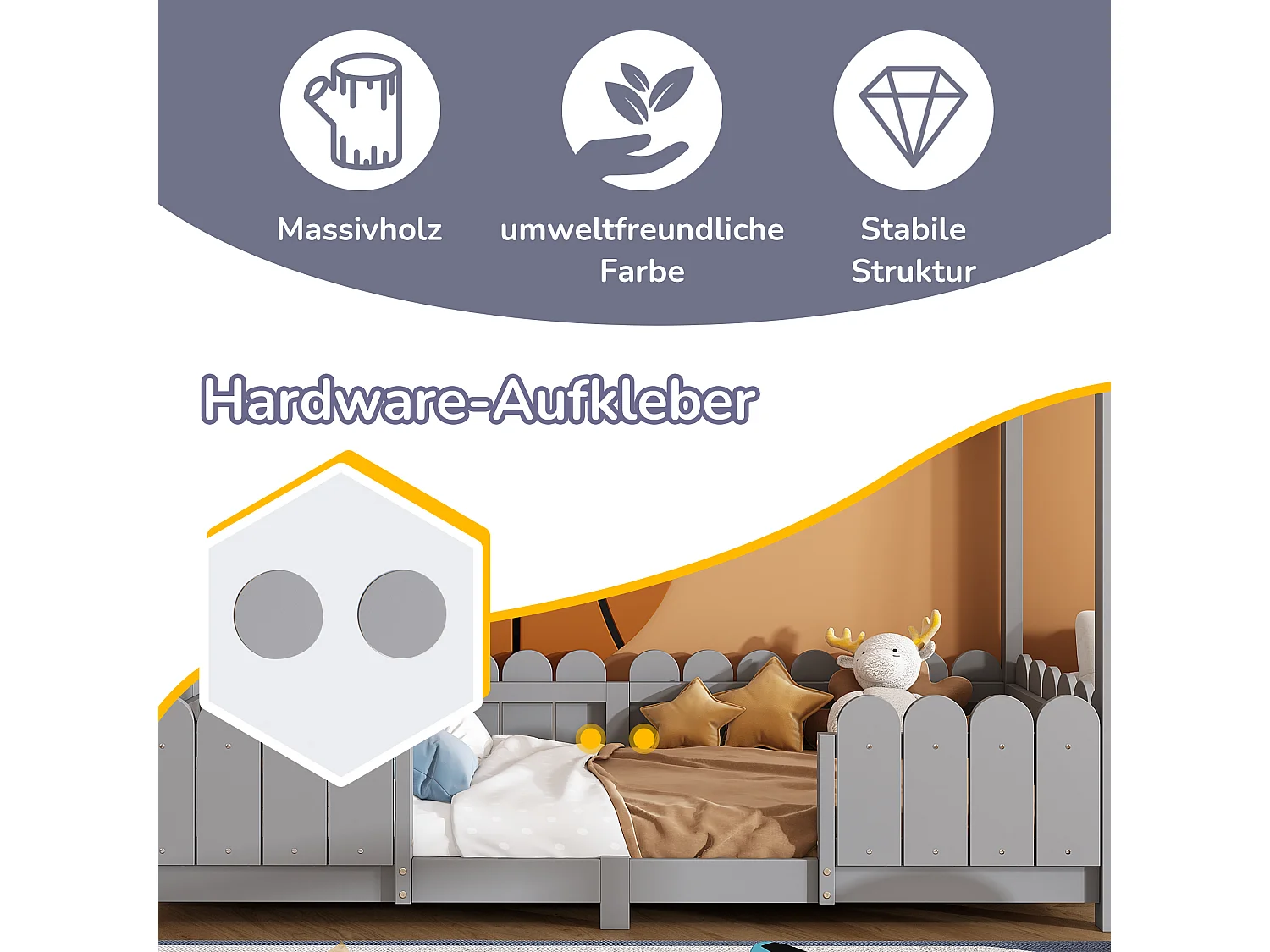 Lit cabane enfant avec protection anti-chute, bois massif, gris (206x96x175cm)