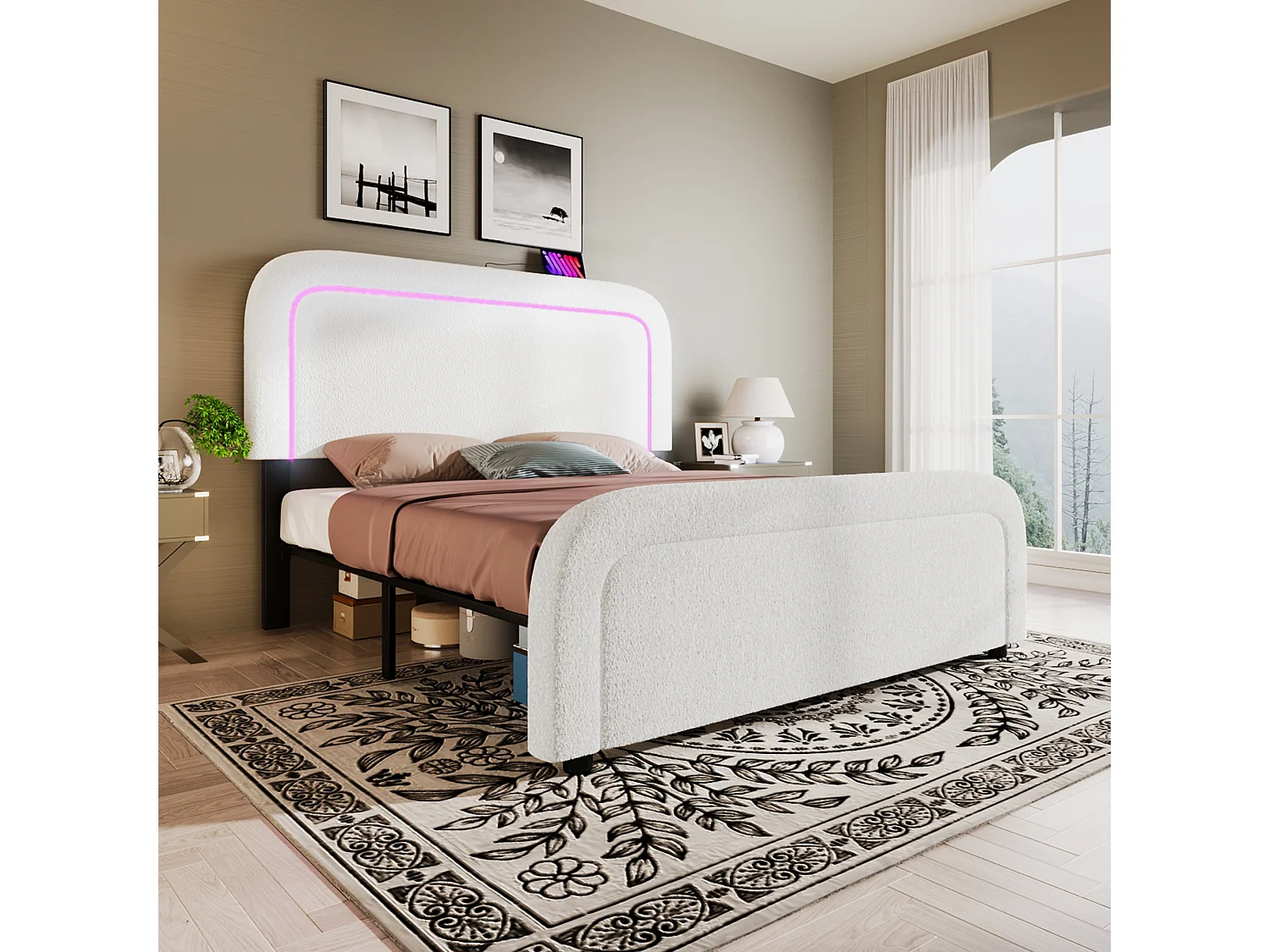 Letto matrimoniale con ricarica USB Type C e LED, testiera regolabile, 160x200 cm, sherpa bianco (dimensioni: 208x170x102,5 cm)