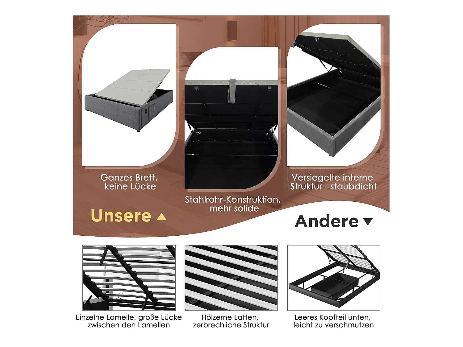 Bed 140x200 cm, Opbergbed met USB-C-aansluitingen en complete lattenbodem, Zonder hoofdbord, Katoen, Grijs (141x202x29 cm)