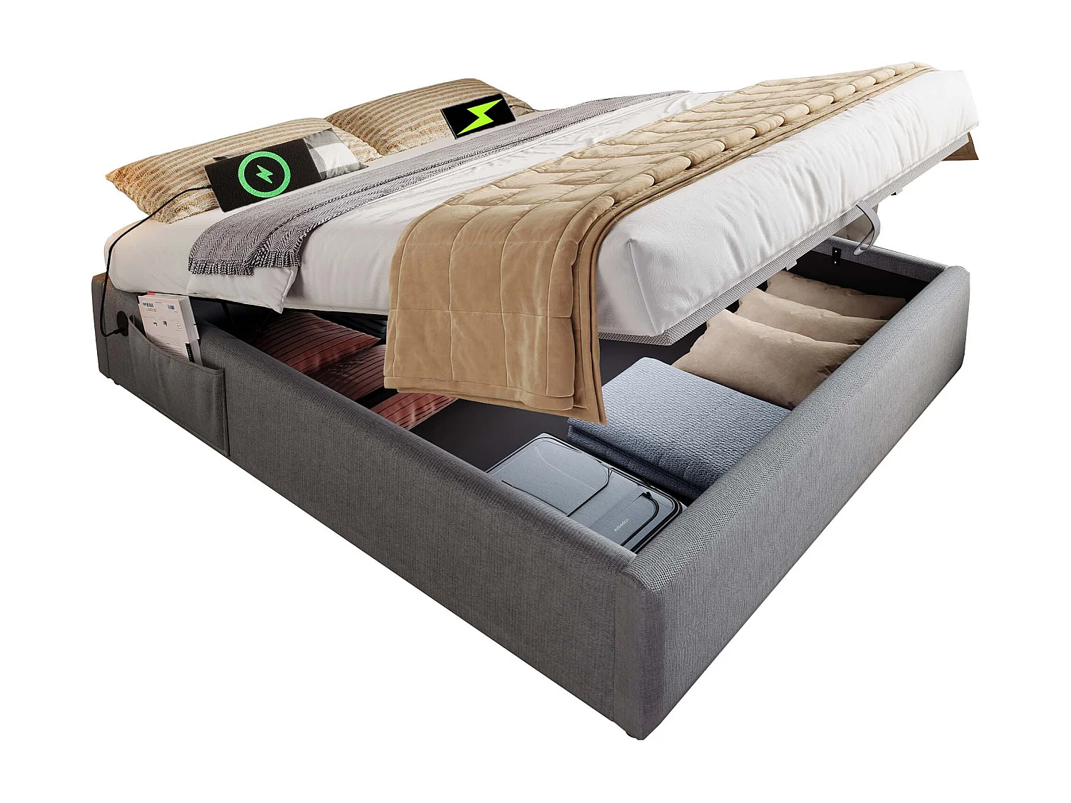 Bed 140x200 cm, Opbergbed met USB-C-aansluitingen en complete lattenbodem, Zonder hoofdbord, Katoen, Grijs (141x202x29 cm)