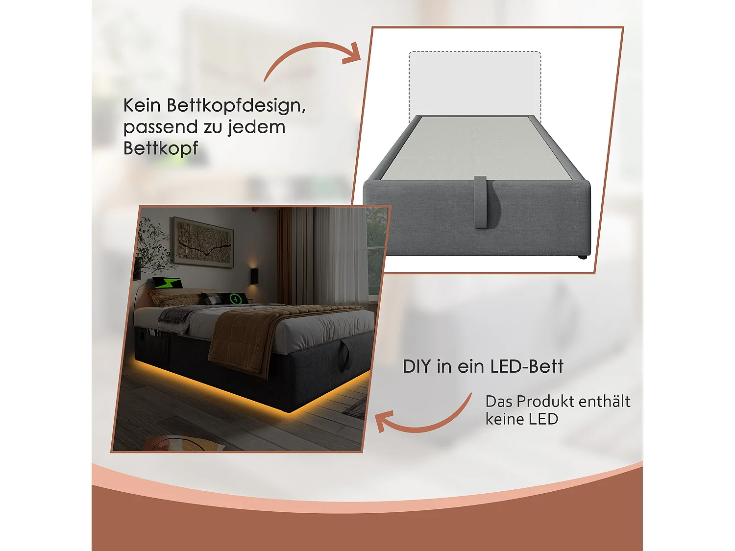 Lit 140x200 cm, Lit de rangement avec ports USB-C et sommier complet, Sans tête de lit, Coton, Gris (141x202x29 cm)