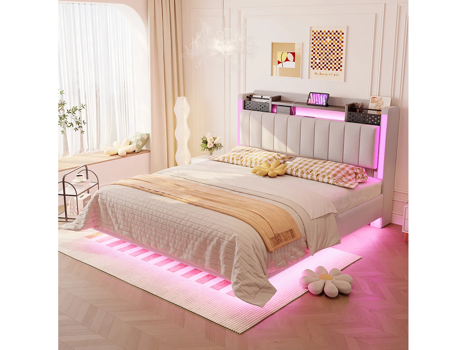 Gestoffeerd bed met LED, USB-aansluiting, opbergruimte in het hoofdeinde, beige linnen, zwevend design (222x145,5x111 cm)