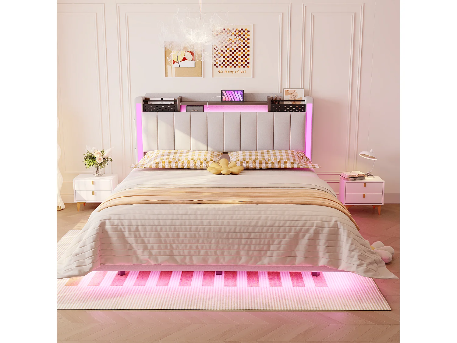 Gestoffeerd bed met LED, USB-aansluiting, opbergruimte in het hoofdeinde, beige linnen, zwevend design (222x145,5x111 cm)