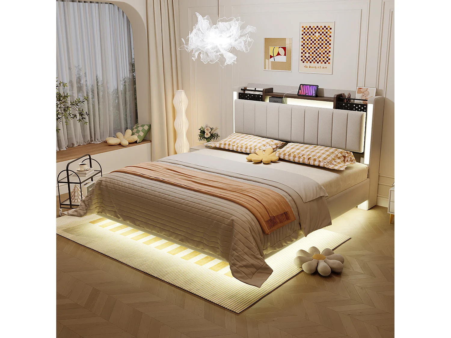Gestoffeerd bed met LED, USB-aansluiting, opbergruimte in het hoofdeinde, beige linnen, zwevend design (222x145,5x111 cm)