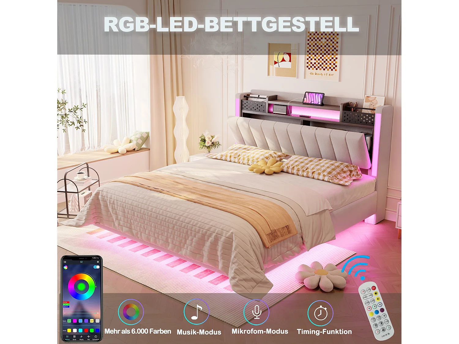 Gestoffeerd bed met LED, USB-aansluiting, opbergruimte in het hoofdeinde, beige linnen, zwevend design (222x145,5x111 cm)