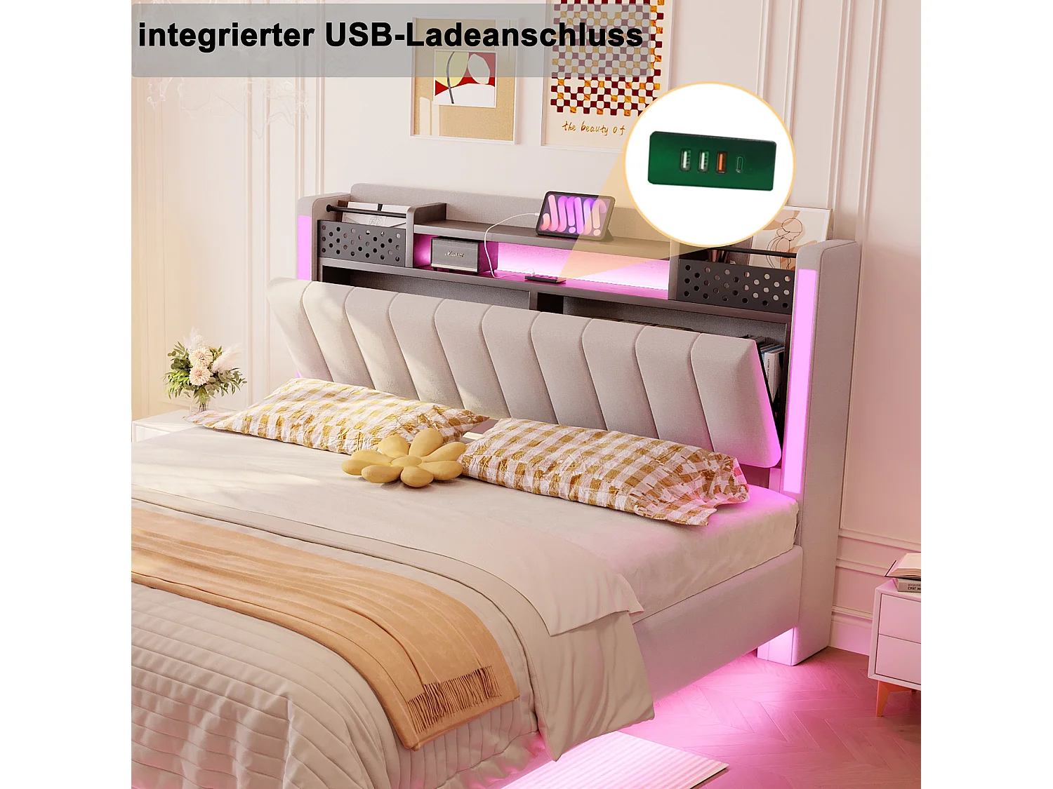 Gestoffeerd bed met LED, USB-aansluiting, opbergruimte in het hoofdeinde, beige linnen, zwevend design (222x145,5x111 cm)