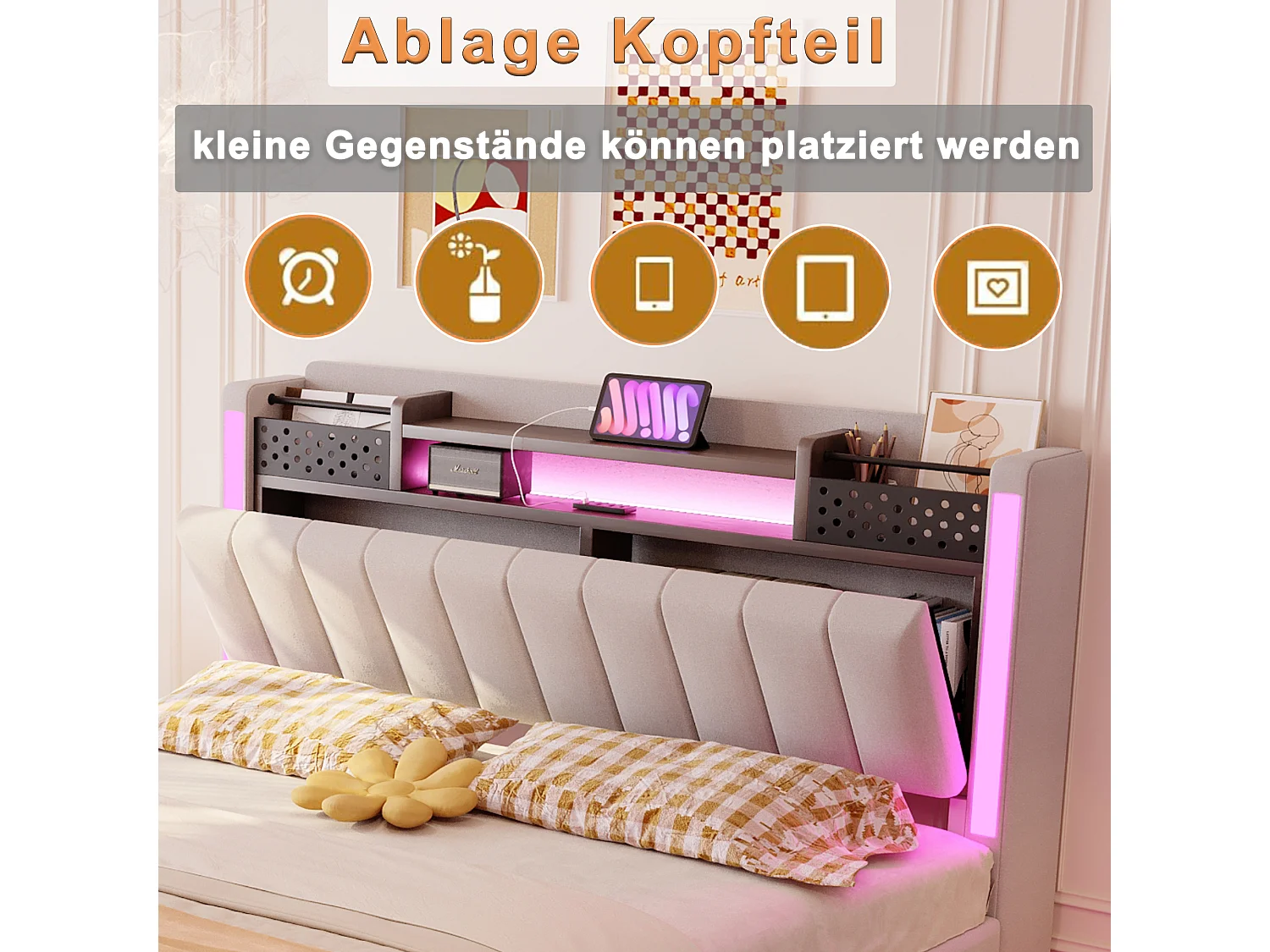 Gestoffeerd bed met LED, USB-aansluiting, opbergruimte in het hoofdeinde, beige linnen, zwevend design (222x145,5x111 cm)