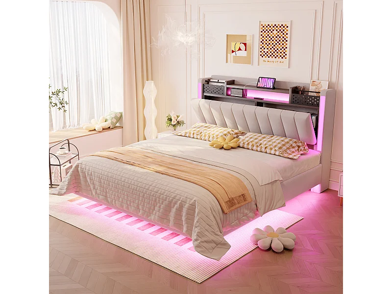 Gestoffeerd bed met LED, USB-aansluiting, opbergruimte in het hoofdeinde, beige linnen, zwevend design (222x145,5x111 cm)