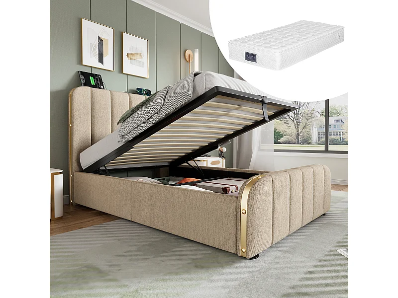 Cama individual con almacenaje, cabecero tapizado con rayas doradas y función de carga USB, 90x200 cm, lino beige (216x100x102 cm)